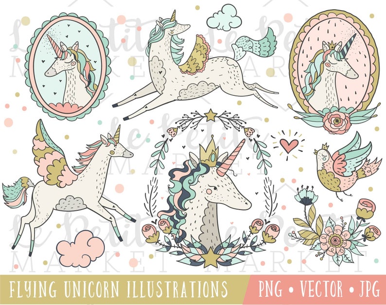 Hand Drawn Magical Unicorn Clipart Set, Unicorns with Wings, Pegasus Clip Art, Whimsical Unicorn Illustrations, Unicorn Clip Art Gold Pink image 1