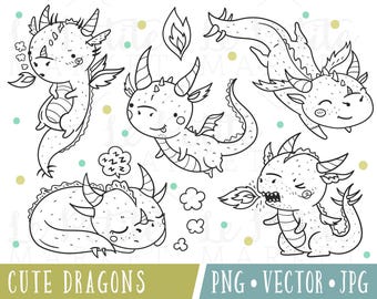 Cute Dragon Clipart Set, Clipart Dragons, Kawaii Dragon Clipart, Dragon Clip Art, Dragon Illustrations, Dragon Digital Stamps, Dragon PNG