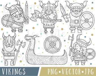 Viking Line Clipart Instant Download Digital Clip Art Images, Celtic Warrior, Viking Clipart PNG, Battle Maiden, Sword and Shield, Coloring