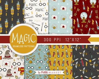 Wizard School Magic Digital Paper Pack, Potter House Colors Goblet Magician Witch Seamless Patterns, Wizard School, Magic Themed Birthday