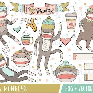 Cute Monkey Clipart Images, Cute Monkey Illustrations, Monkey Clip Art, Coffee Clipart, Cute Digital Stickers, Commercial Use