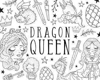 Dragon Queen Clipart Images, Thrones Clip Art, Sword, Dragon Egg Illustrations, Princess, Cute Dragon Digital Stamps, Instant Download PNG