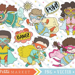 Nette Superheld Clipart-Set, Comic-Buch-Clipart, junge Superhelden, Superheld Kostüm, Clipart, Justiz Held, PNG Grafiken, Ordnungshüter