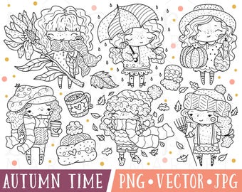 Winter Girl Digital Stamps, Autumn Girls Clipart, Fall Girls Clipart, Winter Girls Clipart, Kawaii Girl Clipart, Kawaii Girl Illustrations