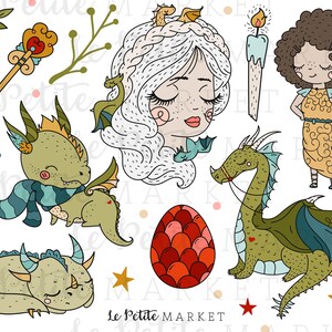May include: A set of whimsical illustrations featuring a princess with long white hair, a dragon with green scales, a dragon egg, a key, a candle, and a girl with brown hair. The illustrations are drawn in a cartoon style with bright colors.