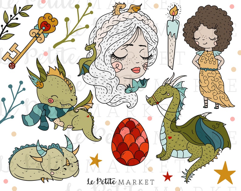 May include: A set of whimsical illustrations featuring a princess with long white hair, a dragon with green scales, a dragon egg, a key, a candle, and a girl with brown hair. The illustrations are drawn in a cartoon style with bright colors.