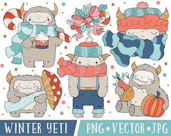 Kawaii Yeti Clipart Images, Holiday Yeti Clipart, Fall Yeti Clipart, Autumn Yeti Clipart, Yeti Illustrations, Yeti PNG, Commercial Use