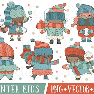 Imagens de clipart de brincadeira de inverno, ilustrações de clipart de luta de bolas de neve, gráficos de clipart de Doodle de férias ao ar livre, crianças empacotadas, crianças fofas