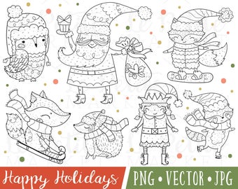 Cute Santa Clipart Images, Cute Girl Elf Clipart, Holiday Digital Stamps, Christmas Line Illustrations, Winter Animals Clipart, Christmas