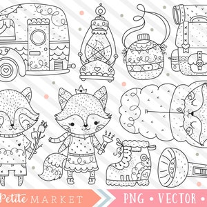 Camping Animals Clipart, Woodland Forest Clip Art, Lindo Fox Digital Stamps, Wilderness Camper Clipart, Raccoon Summer Camping Trip Clipart