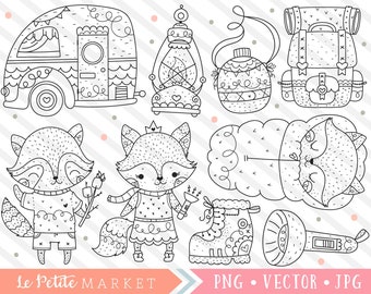 Camping Animals Clipart, Woodland Forest Clip Art, Cute Fox Digital Stamps, Wilderness Camper Clipart, Raccoon Summer Camping Trip Clipart