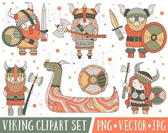 Zestaw clipartów Viking, ilustracje śliczne Viking, Viking ładny klip sztuki, Clipart Wikingów, słodkie wojownik Clipart, Ładna Nordic Stock Photo, wektor PNG