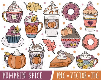 Pumpkin Spice Latte clipart, handgetekende herfstkoffie PNG JPG (vector EPS)