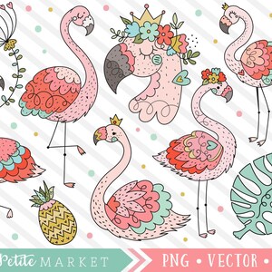 Cute Flamingo Clipart Set, Flamingo Illustrations Clip Art Images, Flamingo Digital Stamp, Hand Drawn Clipart, Printable Flamingo Stickers