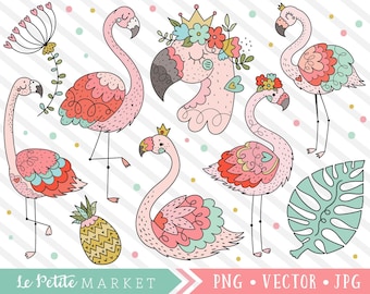 Cute Flamingo Clipart Set, Flamingo Illustrations Clip Art Images, Flamingo Digital Stamp, Hand Drawn Clipart, Printable Flamingo Stickers