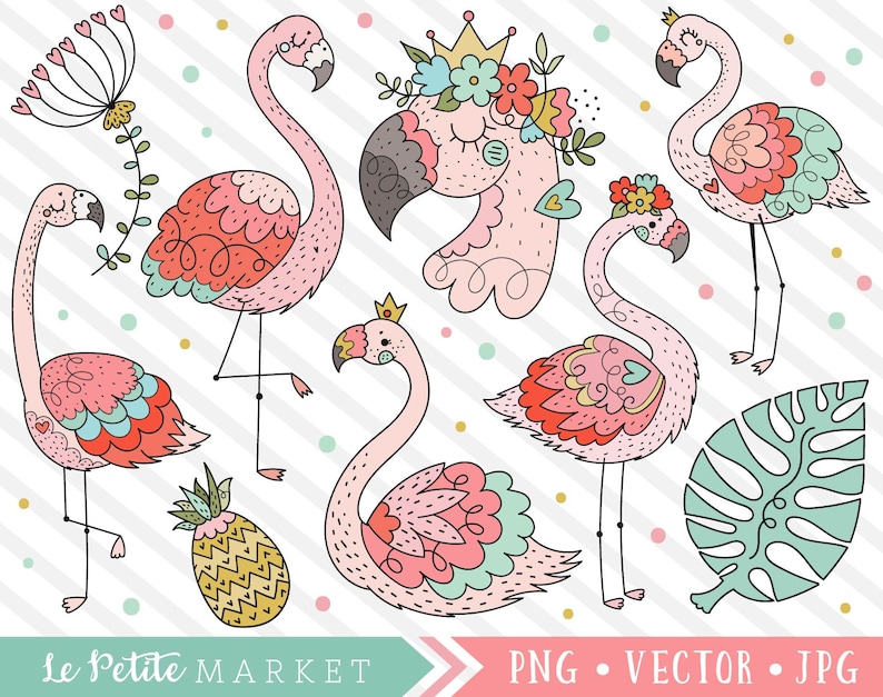 May include: Five pink flamingos with floral and geometric patterns. The flamingos are in various poses, some with crowns and flowers. There is a pineapple and a green leaf in the background.
