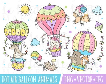 Hot Air Balloon Animals Clipart Set, Cute Woodland Nursery Animals, Hot Air Balloon Illustration Set, Baby Animals in Hot Air Balloons, Kite