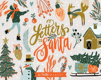 Winter Christmas Clipart Illustrations, Letters to Santa, Retro Holiday PNG Digital Stickers, Cottage, Winter Cabin, Snowman png, Iceskating