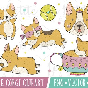 Kawaii Corgi clipartafbeeldingen, Premium Vector Clipart Set, schattige Corgi Clip Art Graphics, Corgi illustraties, hoge kwaliteit Clipart, PNG Vector