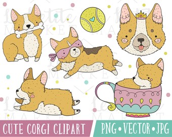 Kawaii Corgi Clipart Images, Premium Vector Clipart Set, Cute Corgi Clip Art Graphics, Corgi Illustrations, High Quality Clipart, PNG Vector