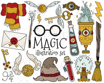 Wizard Magic Clipart Images, Magic House Colors Goblet Magician Witch Clip Art Set, Wizard Birthday, Magic Themed Birthday, Wizard School