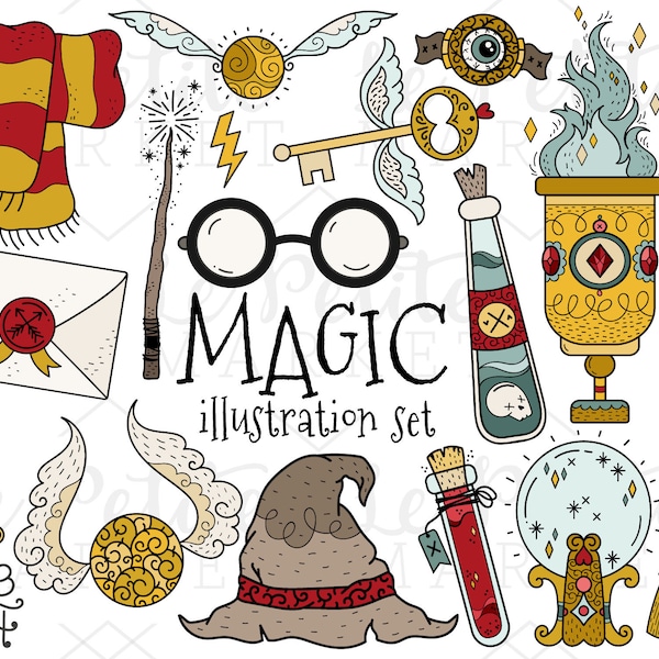 Wizard Magic Clipart Images, Magic House Colors Goblet Magician Witch Clip Art Set, Wizard Birthday, Magic Themed Birthday, Wizard School