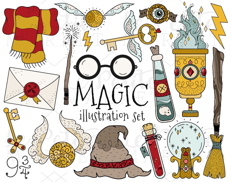 May include: A set of 14 hand-drawn illustrations of magical objects, including a wand, a key, a potion bottle, a golden snitch, a hat, a broom, a crystal ball, and a scarf. The illustrations are in a whimsical style with bright colors and intricate details. The text "MAGIC illustration set" is included in the image.