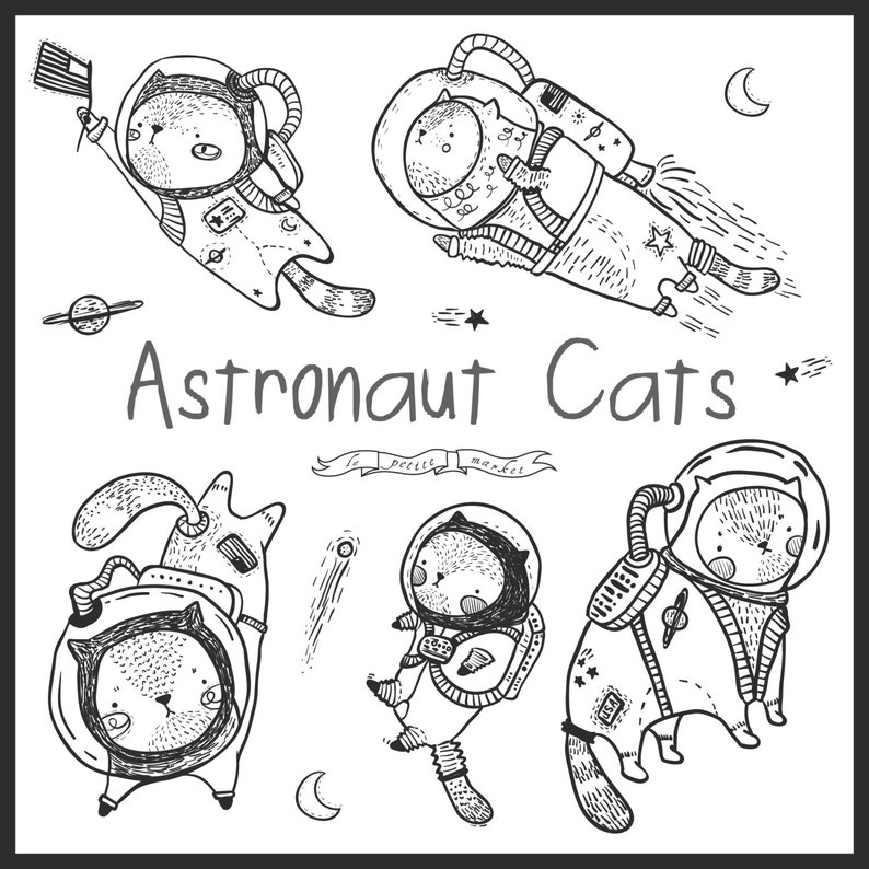 Hand Drawn Cute Astronaut Cat Clipart, Space Clip Art, Kitten Clipart, Illustrated Digital Clipart for Instant Download, Cute Kawaii Science image 1