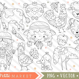 Images Clipart mignon ferme, animaux de la ferme Kawaii Clip Art Illustrations, timbres numériques, fille de ferme, vache poulet coq cheval, élevage des cliparts