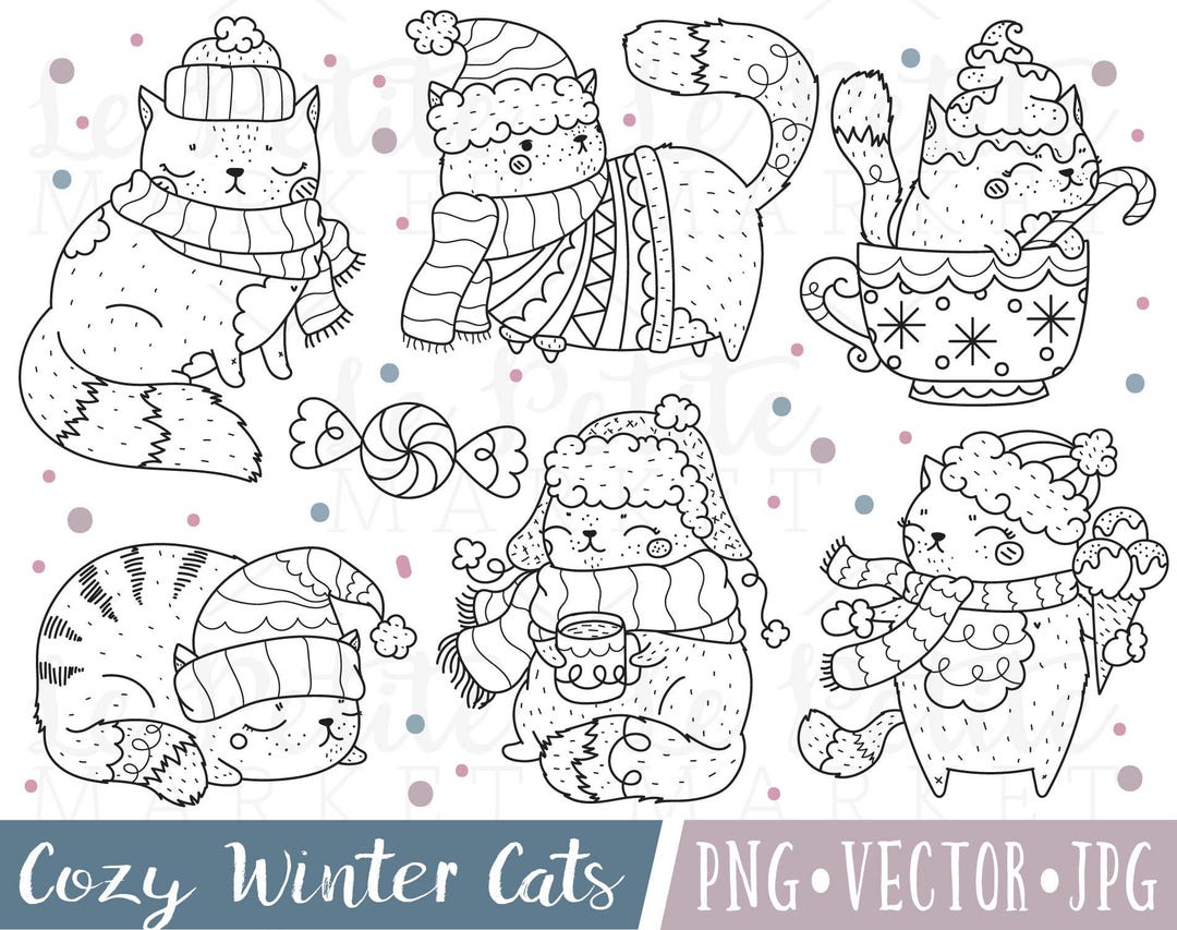 Winter Cat Clipart Set, Winter Cat Digital Stamps, Hand Drawn Cat ...