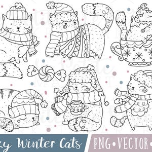 Winter Cat Clipart Set, Winter Cat Digital Stamps, Hand Drawn Cat Clipart, Holiday Cat Clipart, Cat in Sweater Clipart, Cute Winter Cats PNG