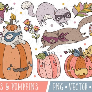 Halloween Cat Clipart Set, Cute Halloween Cats Clipart Images, Cute Autumn Cat Illustrations, Cats and Pumpkins Clipart, PNG Vector Clipart