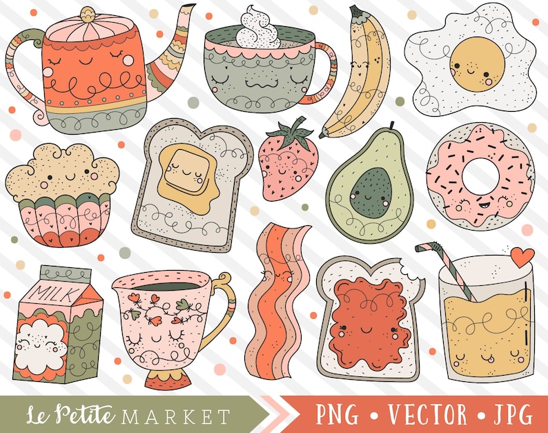 May include: A set of 12 colorful cartoon illustrations of breakfast foods, including a teapot, a cup of coffee, a slice of toast, a strawberry, an avocado, a donut, a fried egg, a banana, a glass of orange juice, a carton of milk, a cupcake, and a slice of bacon.  The illustrations are in a whimsical style with cute faces and bright colors.