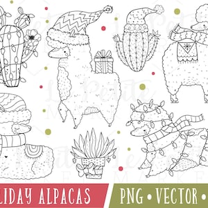 Alpaca Christmas Clipart, Cute Alpaca Digital Stamps, Llama Christmas Clipart, Christmas Llamas, Winter Alpaca Clip Art, Christmas Cactus