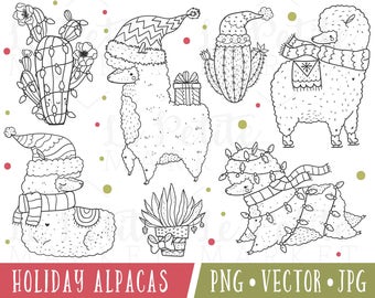Alpaca Christmas Clipart, Cute Alpaca Digital Stamps, Llama Christmas Clipart, Christmas Llamas, Winter Alpaca Clip Art, Christmas Cactus
