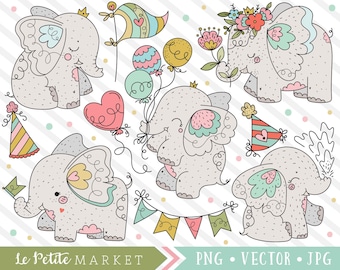 Elefant Clipart-bilder, söt elefantunge clipart, elefantillustrationer, barnrumsclipart, söta djurungar, digitala stämplar vektorlinje