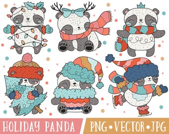 Cute Christmas Panda Bear Clipart Images, Cute Holiday Panda Clipart, Kawaii Panda Clipart, Christmas Animals Clipart, Christmas Clip Art