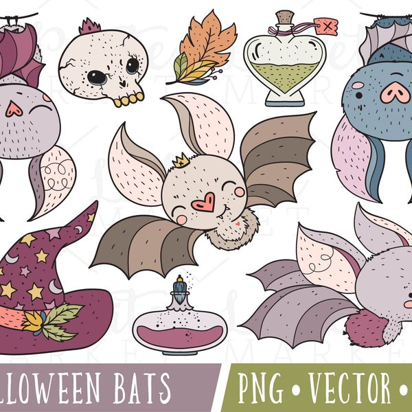 Cute Bat Clipart Images, Bat Clip Art, Digital Bats, Cute Bat Illustrations, Halloween Bats Clipart, Cute Halloween Clipart Set, Kawaii Bats