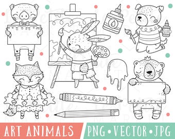 Art Class Animals Clipart Images, Cute Art Class Clipart, Art Class Digital Stamps, Cute Fox Clipart, Cute Painting Clipart, Teacher Clipart