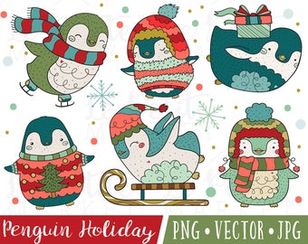 Christmas Penguin Clipart, Kawaii Penguin Clipart Set, Cute Penguin Illustrations, Hand Drawn Clipart for Christmas, Winter Penguins Clipart