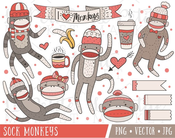 Sock Monkey Clip Art Images, Sock Monkey Clipart, Monkey Illustrations, Sock Monkey Digital Stamps, Commercial Use Clip Art