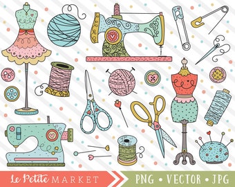 Sewing Clipart Images, Sewing Machine Clip Art Set, Line Clipart, Digital Stamps, Thread Scissors Embroidery, Knitting Crafting Clipart