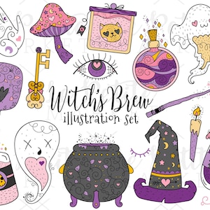 Op de afbeelding: Een illustratie set met heksen thema's. Het bevat een paarse paddenstoel, een kat in een pot, een drankfles, een schedel, een ketel, een heksenhoed en een toverstaf. De tekst "Witch's Brew illustration set" is ook aanwezig.