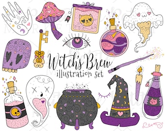 Witchcraft Clipart Set, Ghosts Skull Cauldron Clip Art Images, Halloween Illustration Set, Witch's Brew, Dark Arts, Occult Spells Potions