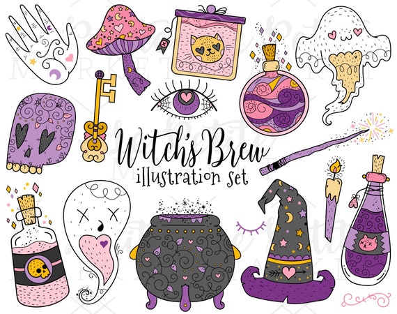 Witchcraft Clipart Set, Ghosts Skull Cauldron Clip Art Images, Halloween Illustration Set, Witch's Brew, Dark Arts, Occult Spells Potions