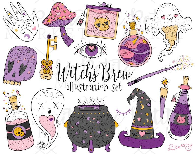 Op de afbeelding: Een illustratie set met heksen thema's. Het bevat een paarse paddenstoel, een kat in een pot, een drankfles, een schedel, een ketel, een heksenhoed en een toverstaf. De tekst "Witch's Brew illustration set" is ook aanwezig.