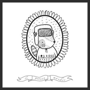 May include: Black and white line drawing of an animal wearing a hat and sweater inside a circular frame with a floral design. The text "le petit market" is written below the frame.