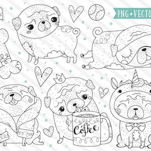 May include: Black and white line art illustrations of pugs in various poses. One pug is wearing a unicorn horn, another is wearing a crown, and another is holding a coffee mug that says "Coffee".
