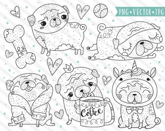 Cute Pug Art Clipart, Digital Pug Illustrations, Cute Pug Clip Art Images, Cute Dog Clipart, Pugs and Coffee Clipart, Kawaii Pug Unicorn