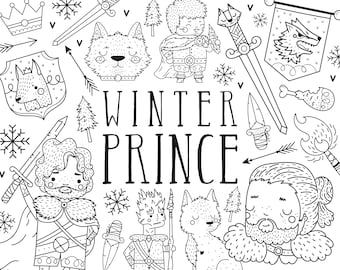 Winter Thrones Clipart Instant Download, Jon, Wolf Clip Art Illustrations, Snow, Dagger, Black and White, Digital Stamps, Png, GOT Clipart